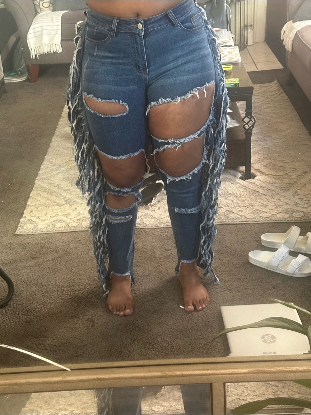 High-Rise Distressed Fringe Blue Jeans for Women